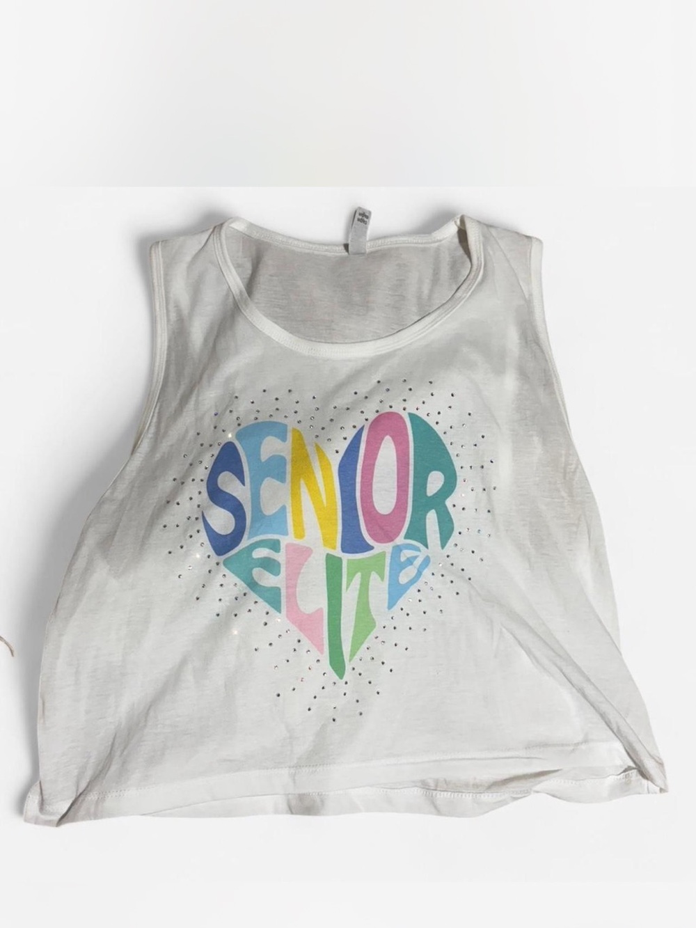 White Tank Top with Multicolor "Senior Elite" Heart Graphic